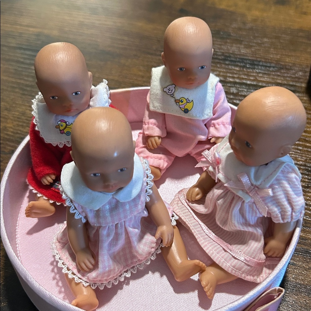Set of 4 Vintage Miniature Zapf Dolls in Pink and Red Dresses